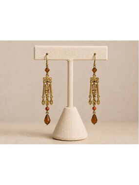 Gold-Tone Rhinestone & Amber Beaded Chandelier Drop Earrings